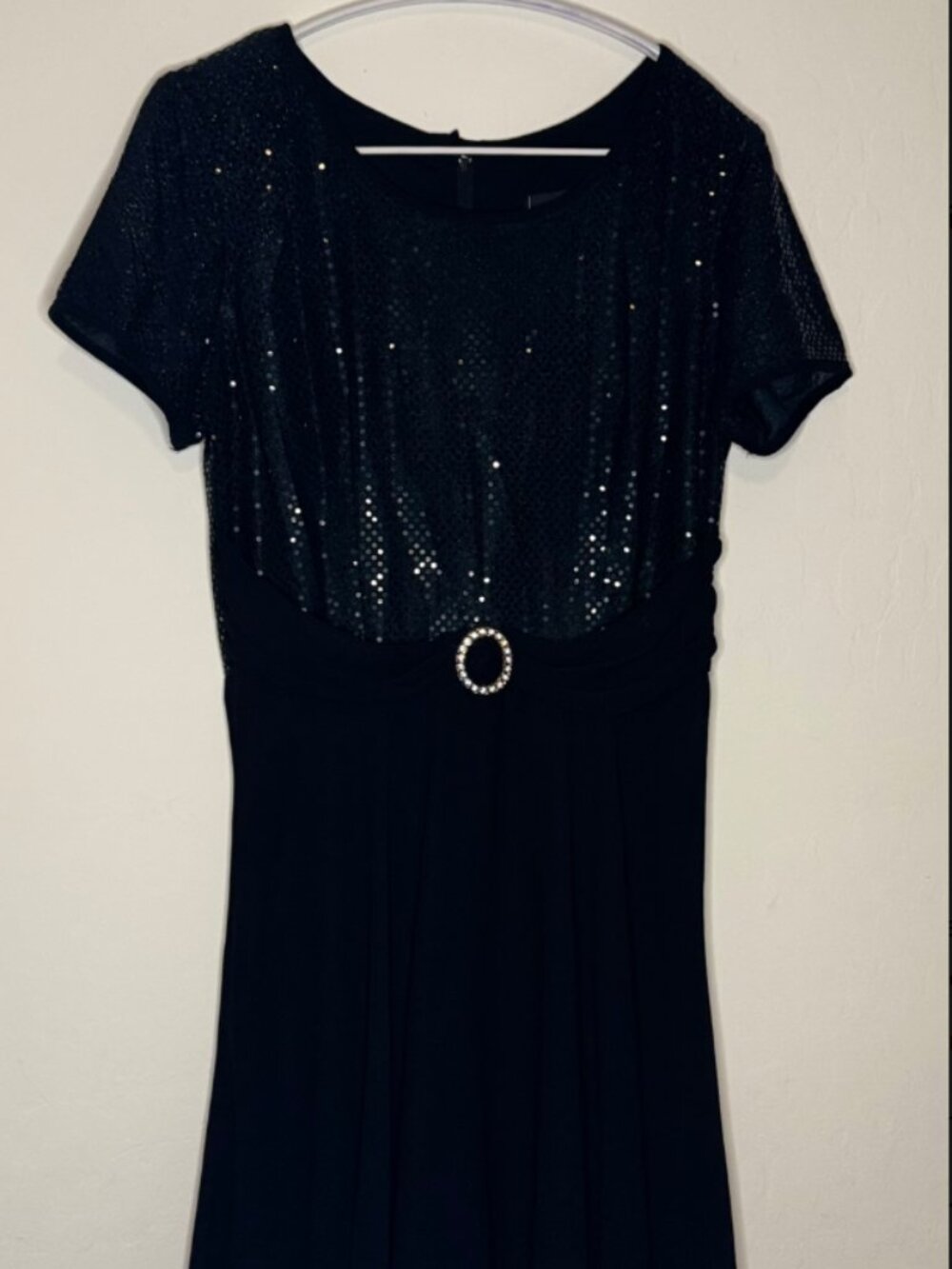 Black sequin dress with rhinestone buckle